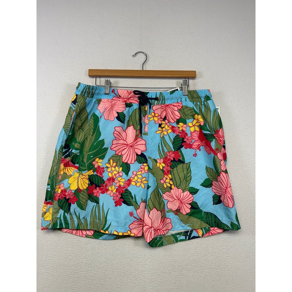 Tropical Hibiscus Club Room Mens Large Blue Floral Quick Dry 7" Swim Trunks